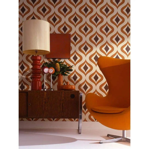 Trippy Orange Wallpaper for Retro Vibes Paste The Wall Non Woven Washable Finish with 12 Inch Pattern Repeat and Offset Match displayed in a living room with retro furniture and decor.