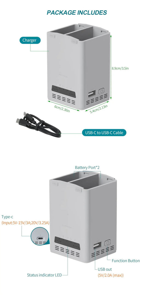 Dual Bay Drone Battery Charger Dock For Lito 1 And Lito X1 with USB-C cable, showing ports and size dimensions.