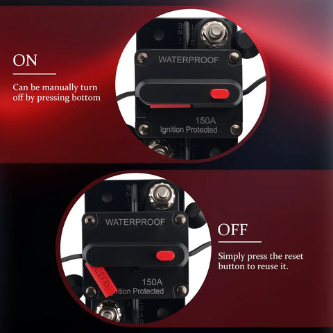 Tough As Nails 150 Amp Dc Circuit Breaker With Waterproof Surface Mount Design showcasing ON and OFF positions for easy use.