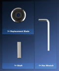 Pro-Grade Replacement Blade for Copper Wire Strippers, Cr12MoV Cutting Edge, shaft and hex wrench displayed against blue background.