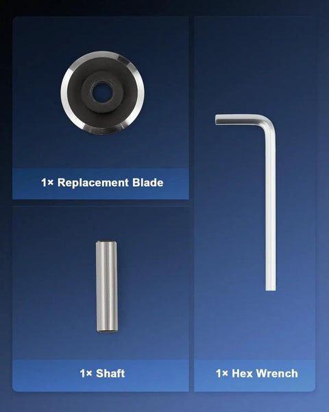Pro-Grade Replacement Blade for Copper Wire Strippers, Cr12MoV Cutting Edge, shaft and hex wrench displayed against blue background.