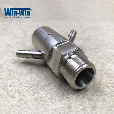 Close-up of stainless steel waterjet mixing chamber assembly (014197-1), spare part