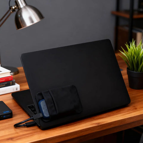 Stick On Dual Pocket SSD Carrying Case With Reusable Adhesive attached to laptop, showcasing organization solution for drives and accessories.
