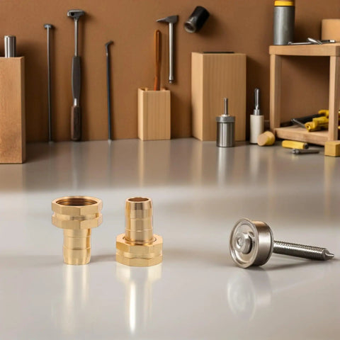 Upgrade Your Outdoor Setup With These Premium Brass Garden Hose Repair Kit Connectors Featuring Universal Fit For Quick Leak Stops High Pressure Tough Build And Easy DIY Fixes No More Wasted Water! brass hose repair connectors on workbench