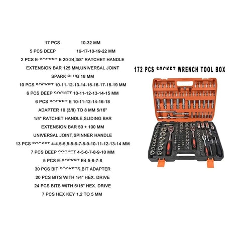 Top Shelf 172 Piece Ratchet Socket Set Chrome Vanadium Steel Mechanic Hand Tool Kit With Secure Plastic Storage Case For Car Repair And Bicycle Maintenance laid out in a rugged plastic case.