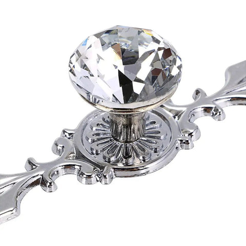 Crystal Glass Diamond Cabinet Knob on decorative plate, part of Set Of 5 For Drawers, Dresser, Cupboards, Sparkling Drawer Pulls. Close-up view.