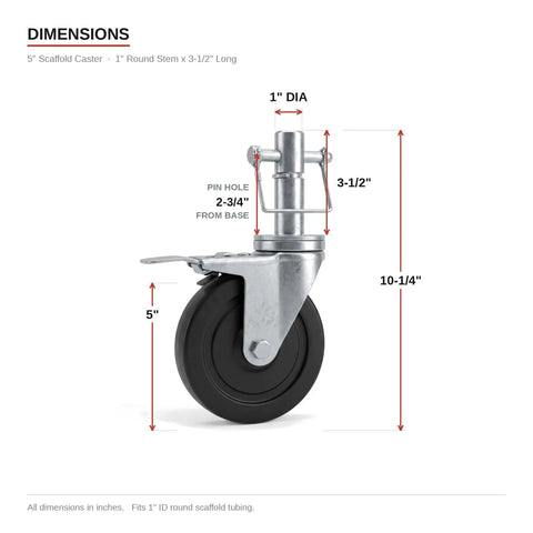 5 Inch Scaffold Caster with 1 Inch Round Stem, tough hard rubber wheel dimensions for mobile scaffold systems.
