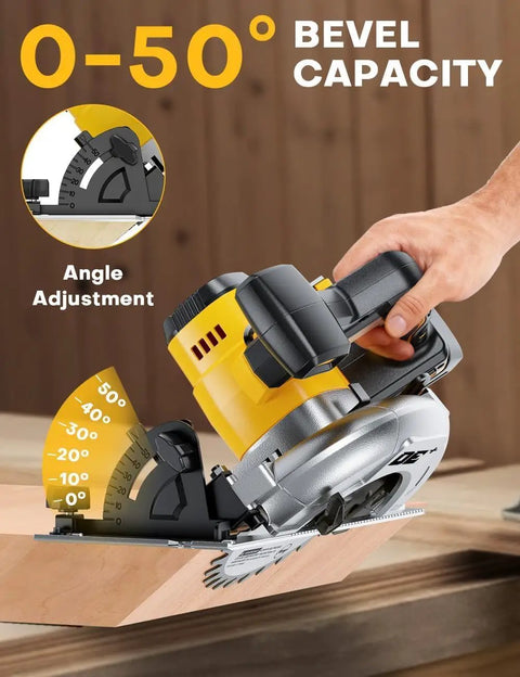 Top Tier 6 1 2 Inch Cordless Circular Saw With Brushless Motor And 8000 Rpm showing 0-50 degree bevel capacity for angled cuts.