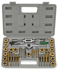 Open Titanium-Coated SAE Tap And Die Set With Storage Case, showcasing 40-piece heavy-duty alloy steel threading tools for repairs.