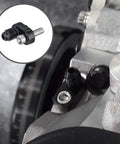 Close-up of Steam Vent Hose And Coolant Crossover Kit For LS Series Engines LS1 LS2 LS6 LM7 LSX Stainless Steel Braided Nylon Black