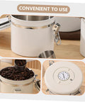 Solid Stainless Steel Coffee Bean Storage Jar Set With Airtight Lid To Keep Your Daily Grind Fresh, featuring beans and measuring scoop.