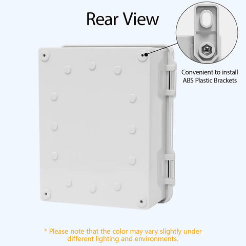 Rear view of Dustproof Waterproof IP65 Junction Box With Hinged Cover in ABS Plastic, showing mounting brackets and gray body.