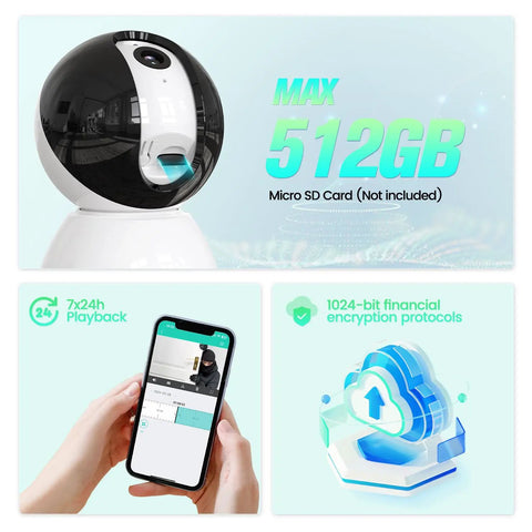 2K HD Indoor PTZ Wi Fi Security Camera With Color Night Vision Motion Detection And Sound Detection Remote Access And Alerts 360 Degree Pan Tilt on display with 512GB card capacity and app features.
