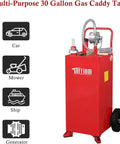 30 Gallon Portable Heavy Duty Gas Caddy With Wheels, featuring siphon pump and sturdy red design for fuel transfer