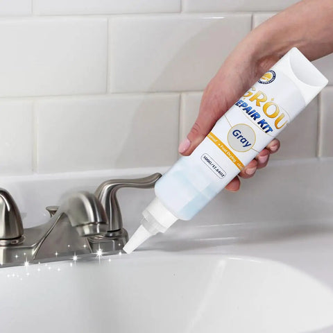 Tile Grout Repair Kit With Fast Drying Grout Filler And Silicone Trowel Scraper, Waterproof Grout Paint For Bathroom, Shower, Kitchen And Floor Tiles, Gray 17.64 Oz in use on sink