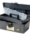 Open Grab N Go 16 Inch Tool Box With Tray Heavy Duty Latches And Handle Graphite Gray And Black Lift Out Tray Two Removable Organizers