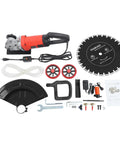 Job Site Ready 16 Inch Wet Dry Electric Concrete Cutting Saw With Integrated Water Pump And Extended Hose For Crisp Dust Free Grooving On Granite Tile Stone Wood And Brick Works Heavy Duty 4000 Watt Power Rig with accessories and blades.