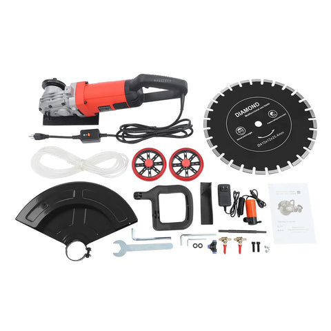 Job Site Ready 16 Inch Wet Dry Electric Concrete Cutting Saw With Integrated Water Pump And Extended Hose For Crisp Dust Free Grooving On Granite Tile Stone Wood And Brick Works Heavy Duty 4000 Watt Power Rig with accessories and blades.