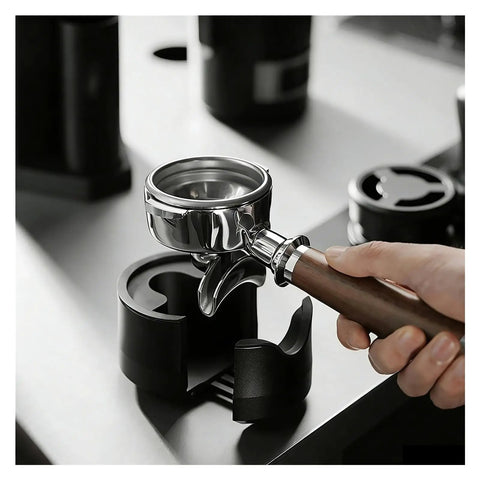 Adjustable Espresso Tamping Station For Home Cafe Setups Fits 51mm 53mm And 58mm Portafilters showing a portafilter with wooden handle.