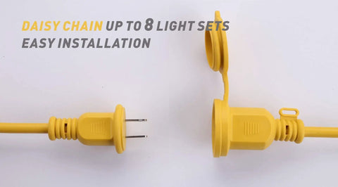 Close-up of yellow connectors on the Beast Bright 100 Foot LED Construction String Light With 10 Bulbs, Industrial Grade Work Lighting