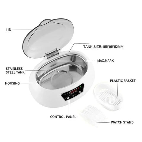 Heavy Duty 600ml Ultrasonic Cleaner With Digital Timer For Jewelry Glasses And Tools showing stainless steel tank and control panel.
