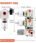 Beefed Up 3 In 1 Air Filter Regulator Combo With Double Five Micron Brass Elements, showcasing product dimensions and design