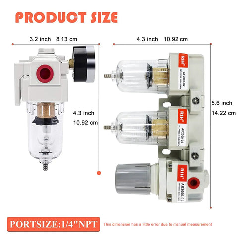 Beefed Up 3 In 1 Air Filter Regulator Combo With Double Five Micron Brass Elements, showcasing product dimensions and design