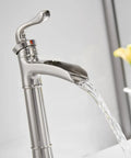Vessel Sink Faucet With Waterfall Style In Brushed Nickel, Tall Farmhouse Style Bathroom Faucet in use with flowing water