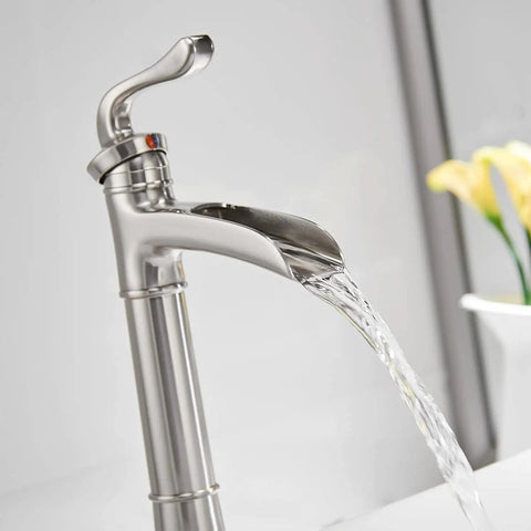 Vessel Sink Faucet With Waterfall Style In Brushed Nickel, Tall Farmhouse Style Bathroom Faucet in use with flowing water