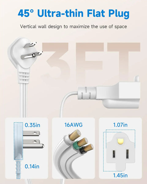 Flat Plug 3 Foot Extension Cord Pack With 90 Degree Right Angle Wall Plug White 16 AWG Indoor Grounded 3 Prong Power Cord