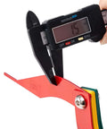 Digital caliper measuring red gauge, part of Brake Pad Thickness Gauge Tool Set Of 8 For Quick Brake Lining Check, color-coded sizes visible.