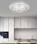 Six Ring Modern LED Ceiling Light Flush Mount With White Rings, 4000K Daylight White Lighting Fixture in a kitchen setting.