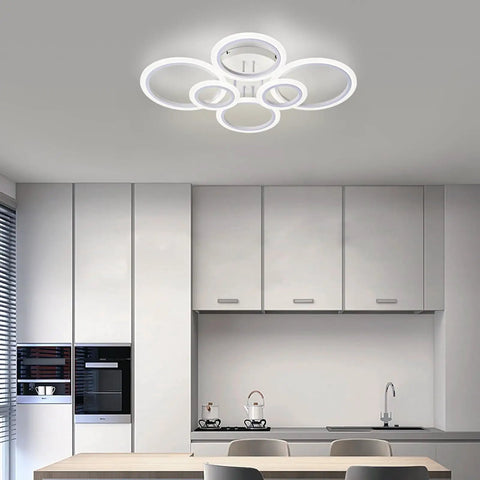 Six Ring Modern LED Ceiling Light Flush Mount With White Rings, 4000K Daylight White Lighting Fixture in a kitchen setting.