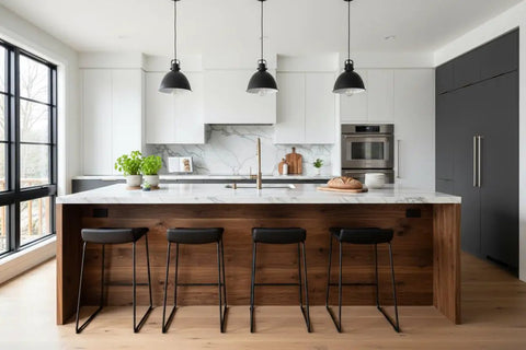 Modern kitchen featuring Warm Rustic Walnut Oil Based Interior Wood Stain on cabinetry and wooden island, with black stools.