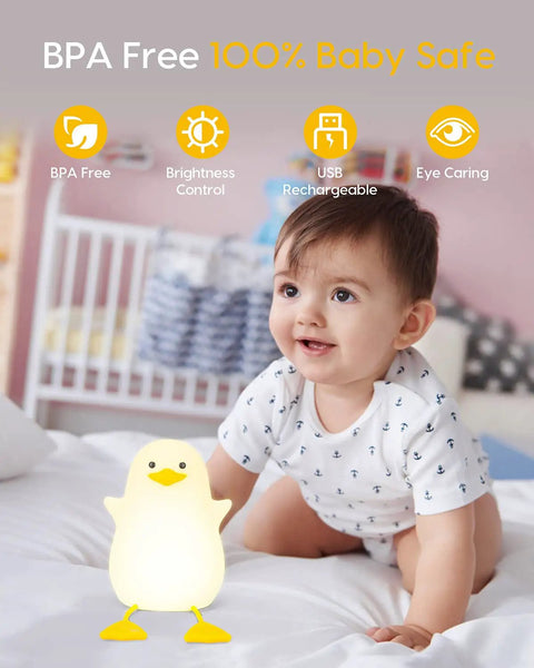 Baby with BPA-free Squishy Duck Night Light For Kids With Soft Warm Glow Silicone Dimmable Nursery Lamp Rechargeable LED Battery.