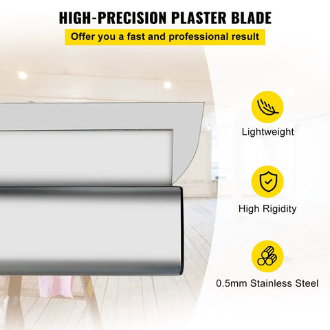 Close-up of Pro Grade Drywall Skimming Blade Set with high-precision features, 0.5mm stainless steel, in room setting.