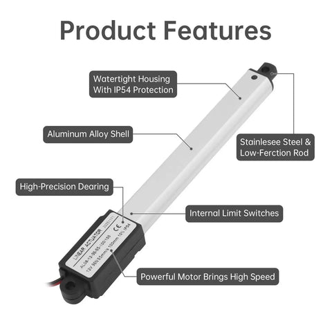 Heavy Duty Linear Actuator 10 To 200 Mm Stroke With 96 Newtons Force And 9.5 Millimeters Per Second Speed Reciprocating Motion Aluminum Housing IP54 IP65 Ready Flexible Front And Rear Mounting Options For Tough Industrial Setups, aluminum shell