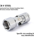 Three Eighths Inch Drive Universal Joint Socket Set, 6 Point Metric Flex Sockets, Chrome Vanadium Steel With Swivel Head