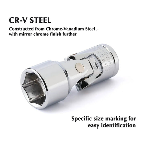 Three Eighths Inch Drive Universal Joint Socket Set, 6 Point Metric Flex Sockets, Chrome Vanadium Steel With Swivel Head