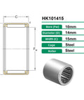 Drawn Cup Needle Roller Bearing Set HK101415 Open End Caged Bearings 10 Pack 10mm Bore 14mm Outer Diameter 15mm Width ST14 Steel Single Row Built Tough High Load Capacity dimensions and bearing view