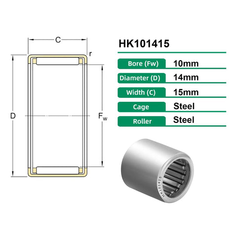 Drawn Cup Needle Roller Bearing Set HK101415 Open End Caged Bearings 10 Pack 10mm Bore 14mm Outer Diameter 15mm Width ST14 Steel Single Row Built Tough High Load Capacity dimensions and bearing view
