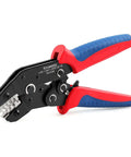 Knoweasy KN-2549 crimping tool, side view; red and blue rubber grips; metal body; JST/Molex/Dupont compatible