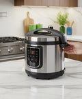 Person adjusting a stainless steel electric pressure cooker on kitchen counter near stove.