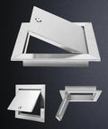 Rock Solid Stainless Steel Access Panel With Reliable Lock For Plumbing And Utility Walls Rust Proof Build displayed at various angles.