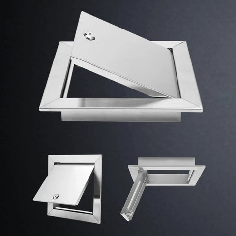 Rock Solid Stainless Steel Access Panel With Reliable Lock For Plumbing And Utility Walls Rust Proof Build displayed at various angles.