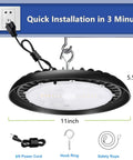2 Pack LED High Bay Light With US Plug, 6 Ft Cord, 120V 150W, 19500 Lumen 5000K Daylight, UL IP65, shown with dimensions