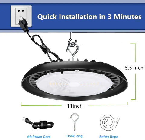 2 Pack LED High Bay Light With US Plug, 6 Ft Cord, 120V 150W, 19500 Lumen 5000K Daylight, UL IP65, shown with dimensions