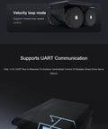 Infographic showing Direct Drive Servo Motor with UART communication for RC cars and robots, focusing on velocity and position modes.