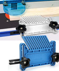 Adjustable Woodworking Featherboard Set Boss Level Fence Control Guide For Table Saw And Router Table Stackable Safety Push Block 2 Pack in blue and white.