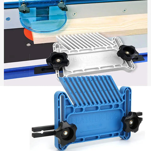 Adjustable Woodworking Featherboard Set Boss Level Fence Control Guide For Table Saw And Router Table Stackable Safety Push Block 2 Pack in blue and white.
